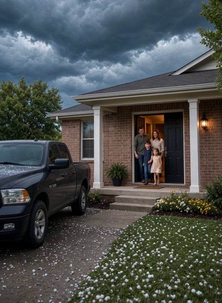 A family stepping onto the porch of their brick home after a hailstorm, with a pickup truck parked in the driveway